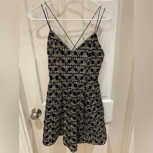 Alice + Olivia Marilla Black Gold Silver Embroidered Velvet fit flare dress